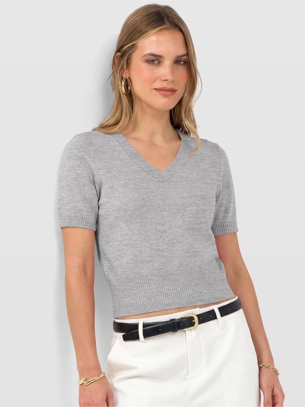 〽️Women's Grey Short Sleeve V Neck Business Casual Lightweight Cropped Sweaters